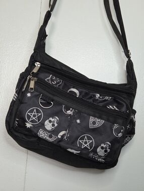 Black Shoulder/Crossbody Bag with Skulls Occult Patterns Adjustable Strap